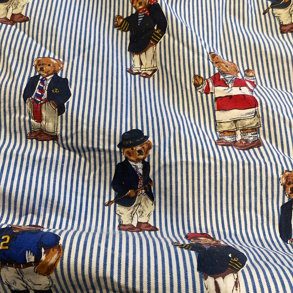 Vintage Striped Blue/ White Bedding with Bear Ralph Lauren Twin Size Flat Sheet